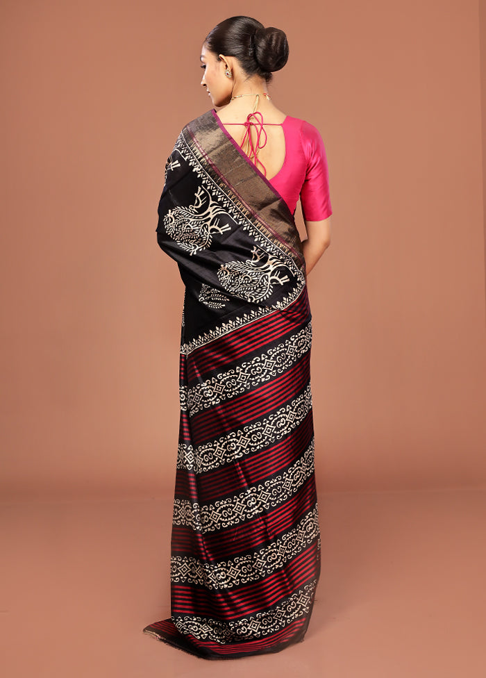 Black Printed Pure Silk Saree Without Blouse Piece