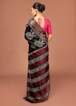 Black Printed Pure Silk Saree Without Blouse Piece