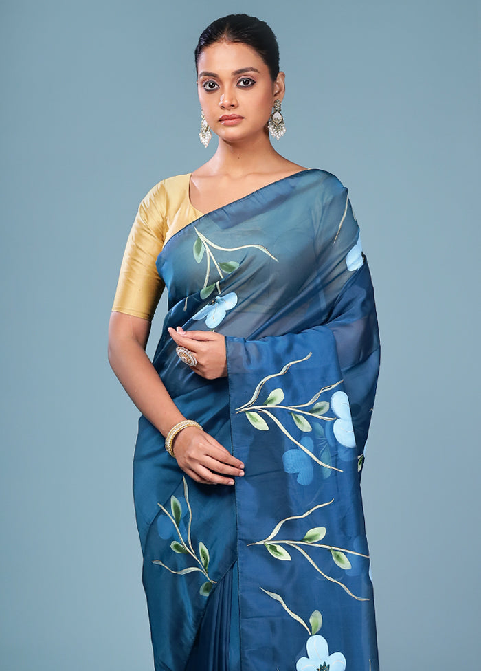 Blue Organza Saree With Blouse Piece