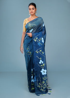 Blue Organza Saree With Blouse Piece