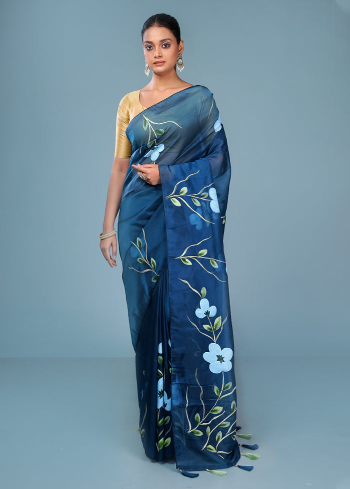 Blue Organza Saree With Blouse Piece
