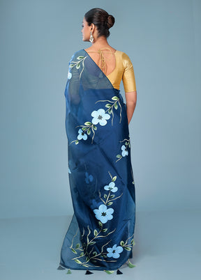 Blue Organza Saree With Blouse Piece