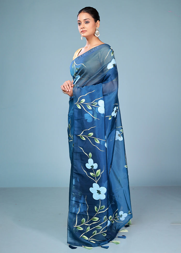 Blue Organza Saree With Blouse Piece