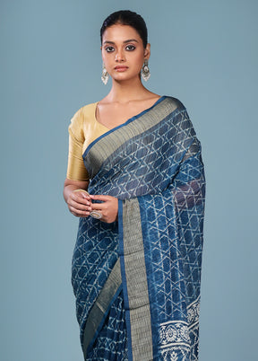 Blue Chiffon Silk Saree With Blouse Piece