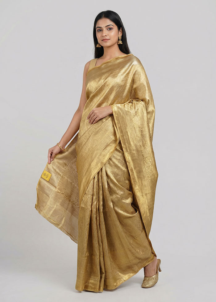 Gold Handloom Kanchipuram Pure Silk Saree With Blouse Piece