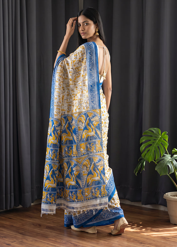 White Printed Pure Silk Saree Without Blouse Piece