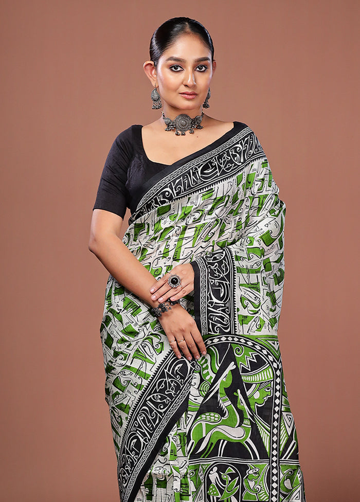 White Printed Pure Silk Saree Without Blouse Piece