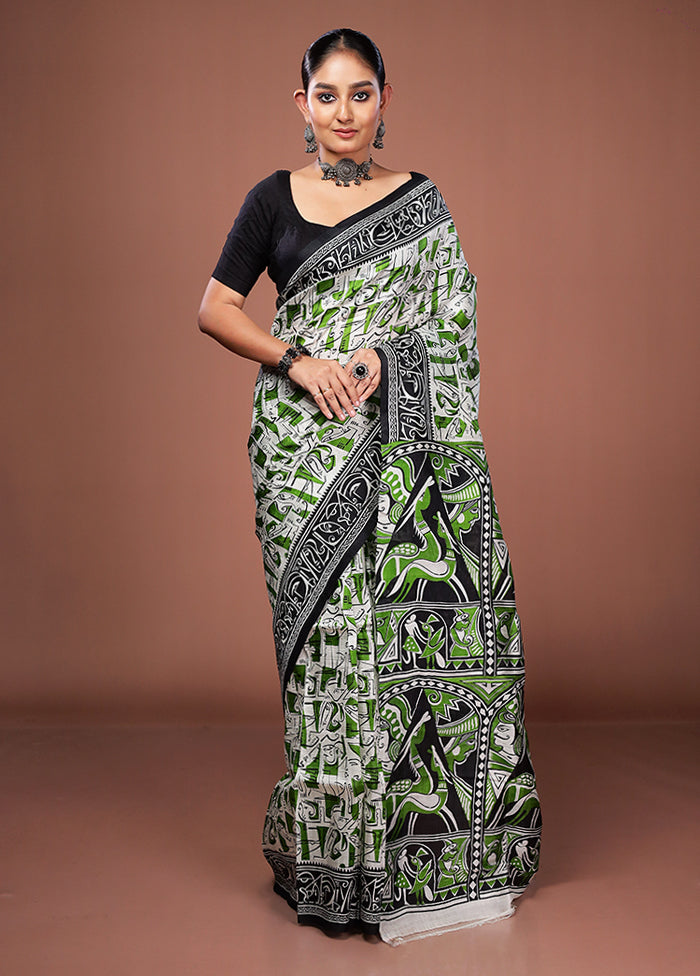 White Printed Pure Silk Saree Without Blouse Piece