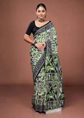 White Printed Pure Silk Saree Without Blouse Piece