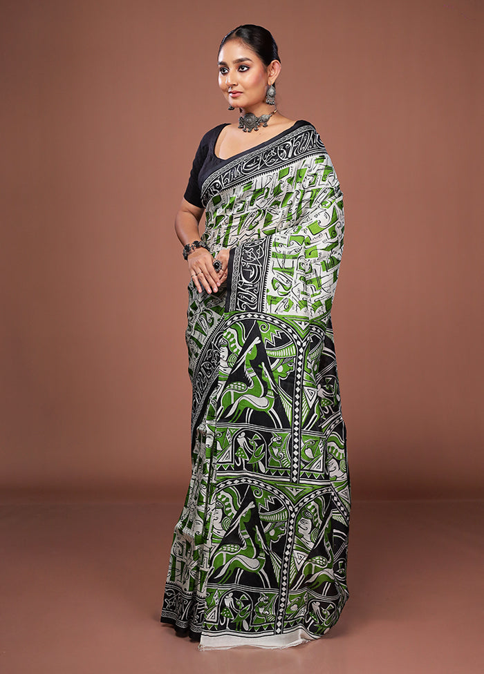 White Printed Pure Silk Saree Without Blouse Piece