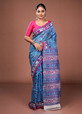 Blue Printed Pure Silk Saree Without Blouse Piece