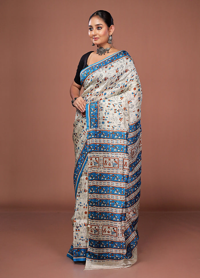 Cream Printed Silk Saree Without Blouse Piece