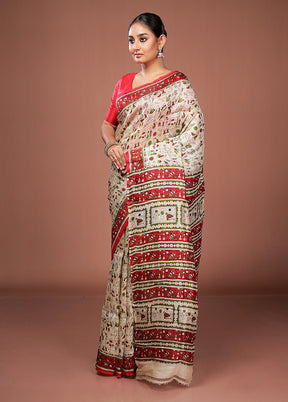 Cream Printed Pure Silk Saree Without Blouse Piece