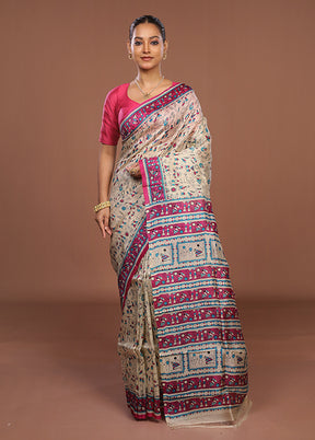 Cream Printed Pure Silk Saree Without Blouse Piece