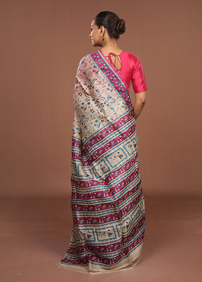 Cream Printed Pure Silk Saree Without Blouse Piece