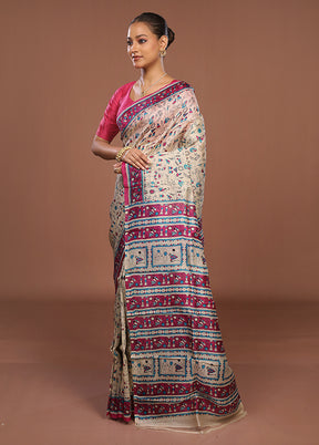 Cream Printed Pure Silk Saree Without Blouse Piece