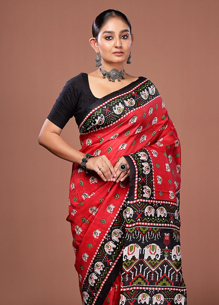 Red Printed Pure Silk Saree Without Blouse Piece