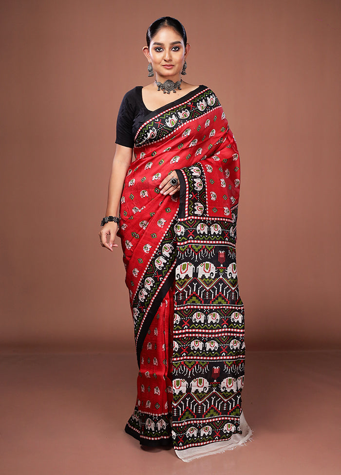 Red Printed Pure Silk Saree Without Blouse Piece