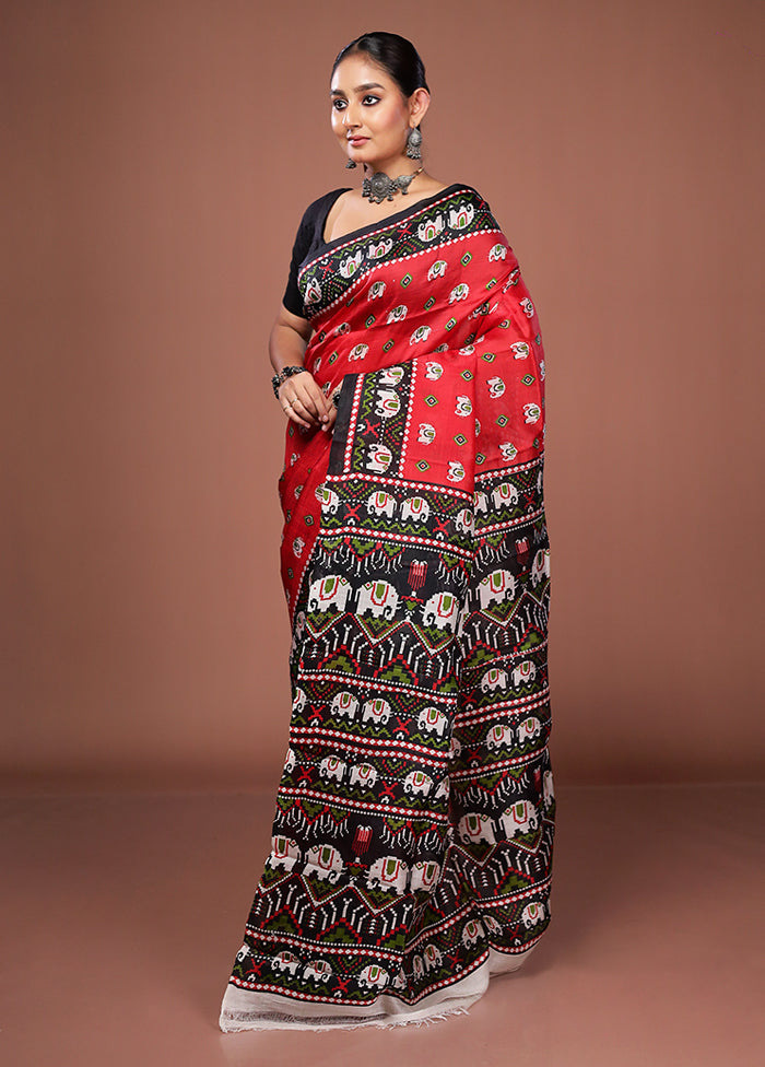 Red Printed Pure Silk Saree Without Blouse Piece