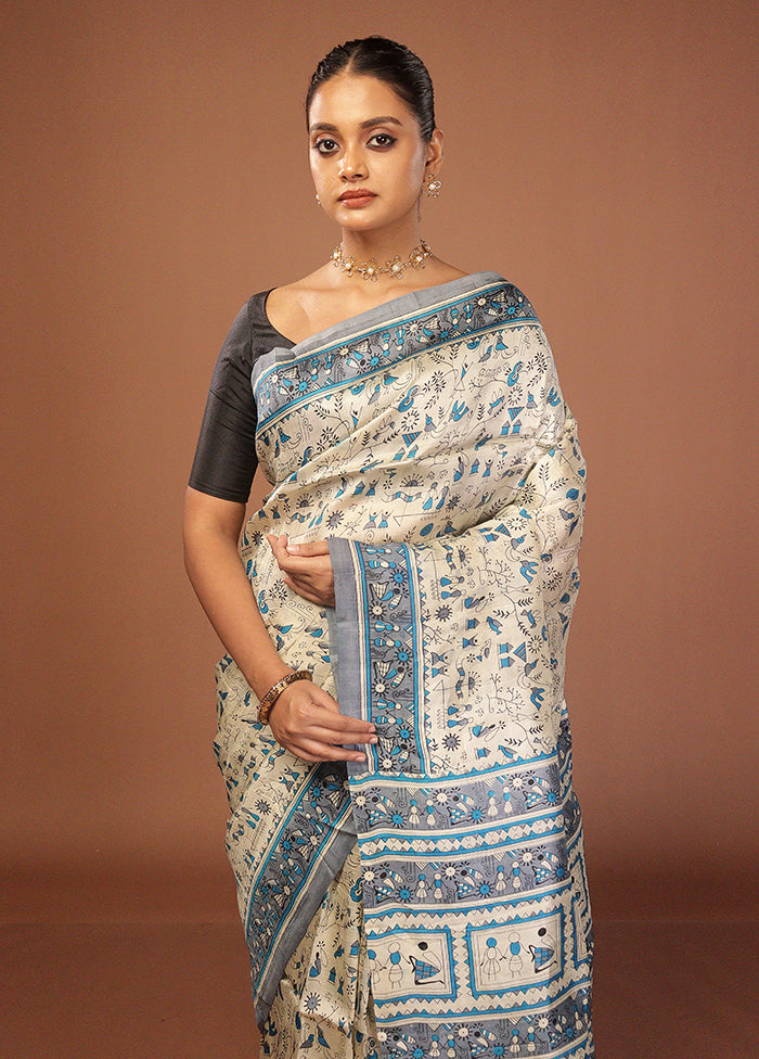 Cream Printed Pure Silk Saree Without Blouse Piece