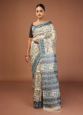 Cream Printed Pure Silk Saree Without Blouse Piece