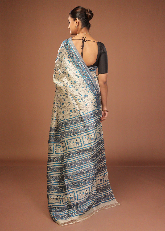 Cream Printed Pure Silk Saree Without Blouse Piece
