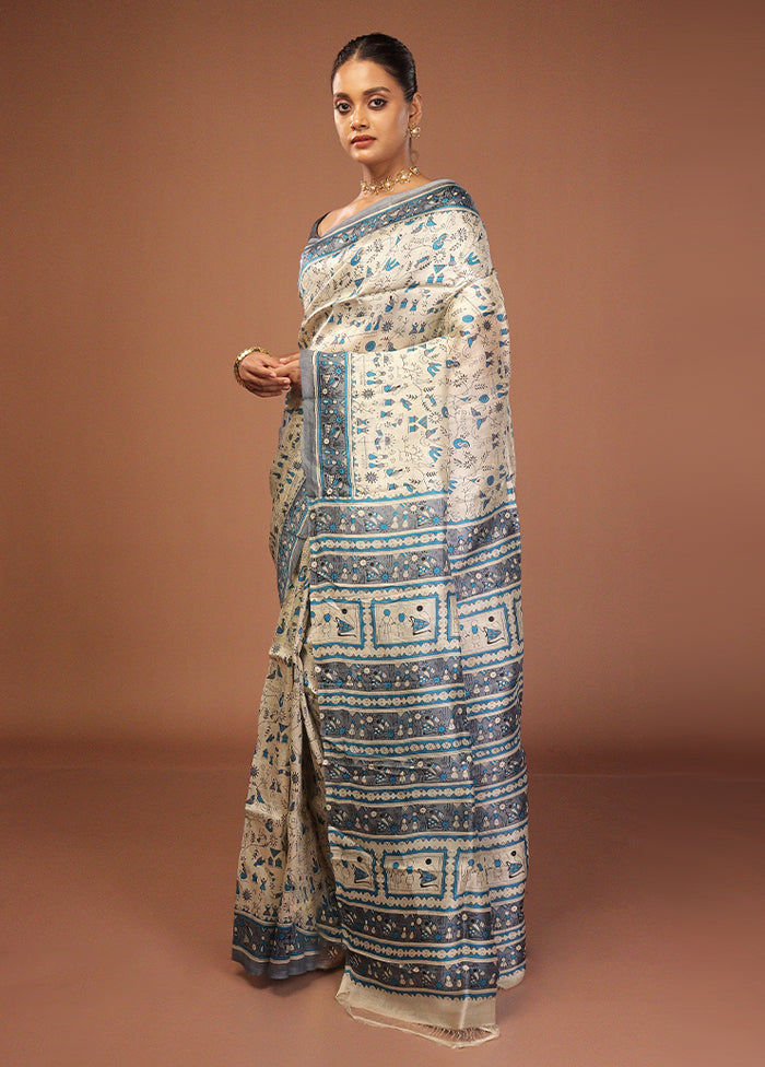 Cream Printed Pure Silk Saree Without Blouse Piece
