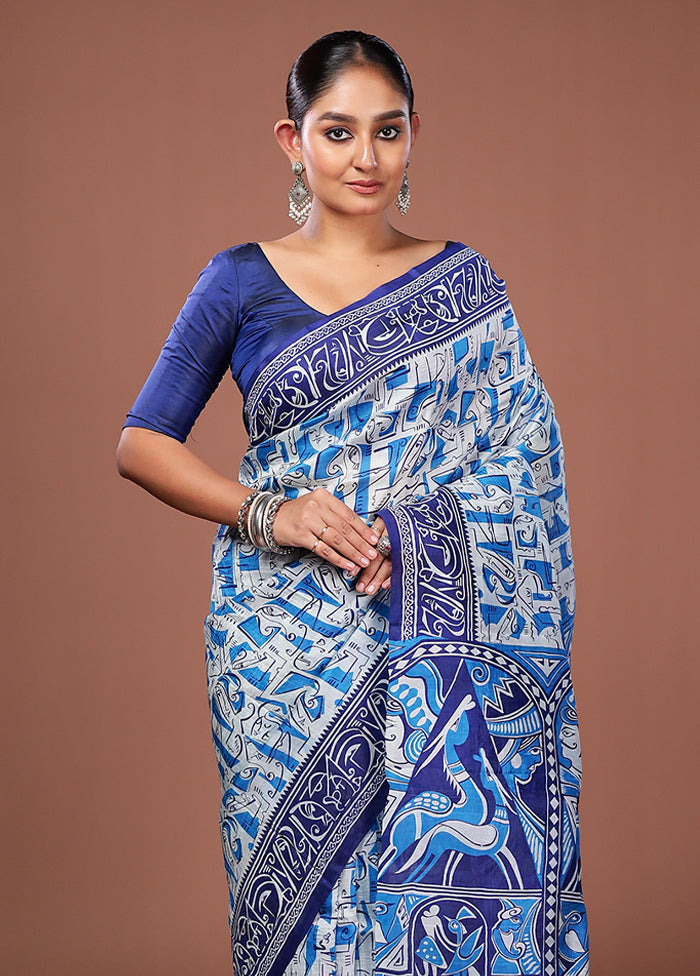 White Printed Pure Silk Saree Without Blouse Piece