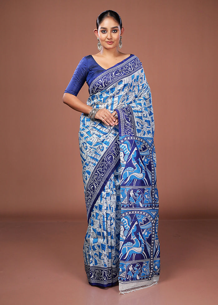 White Printed Pure Silk Saree Without Blouse Piece