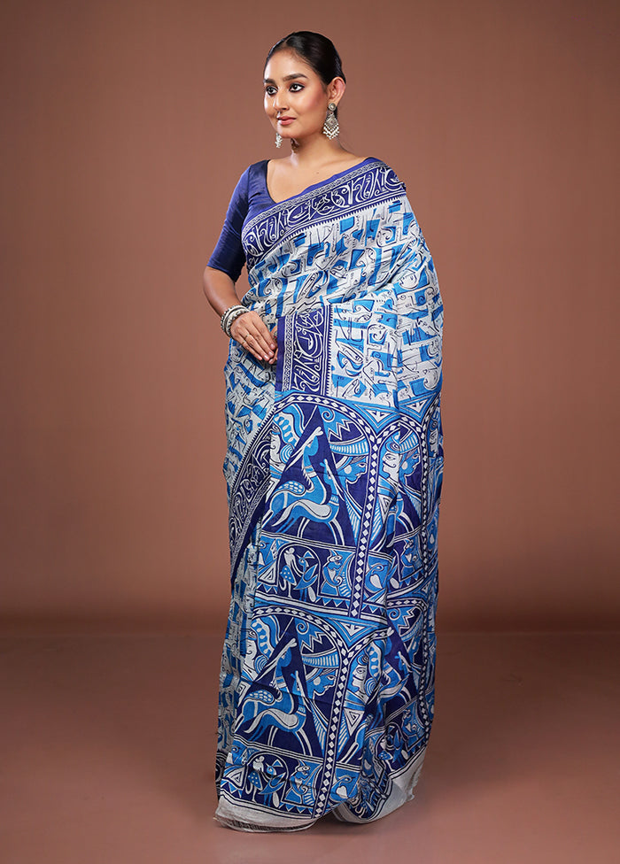 White Printed Pure Silk Saree Without Blouse Piece