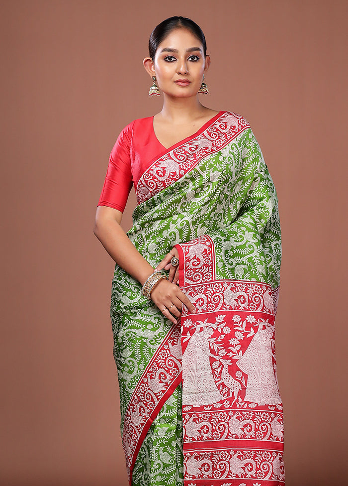 Green Printed Pure Silk Saree Without Blouse Piece