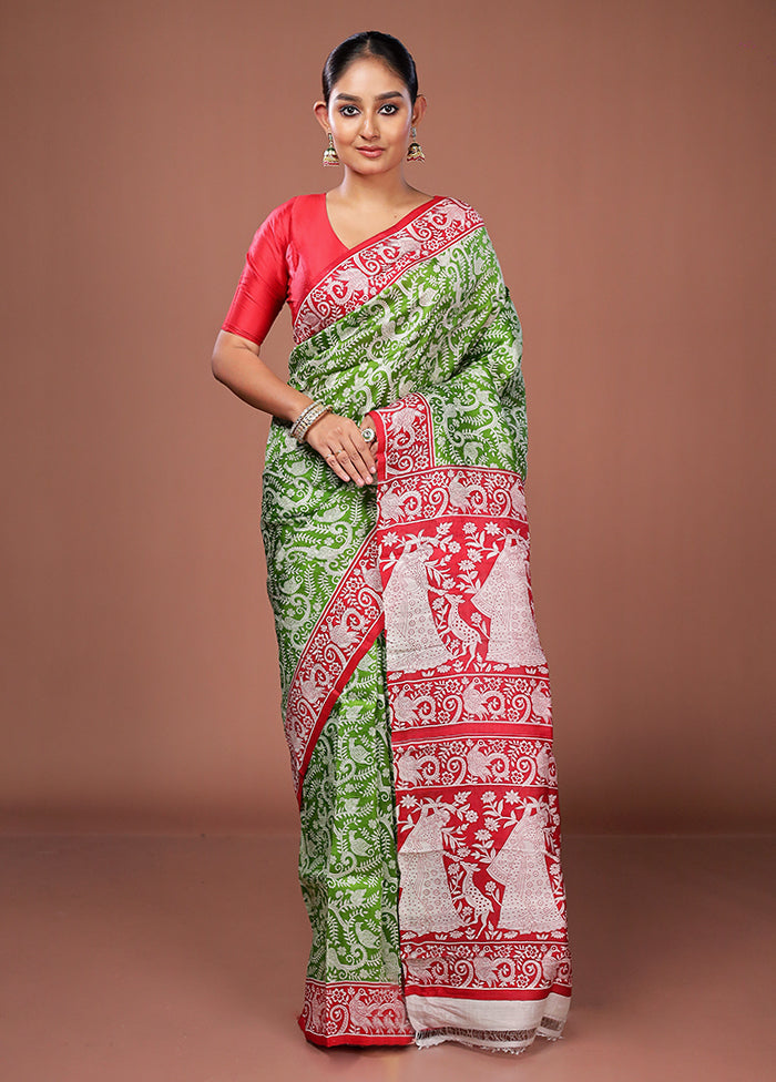 Green Printed Pure Silk Saree Without Blouse Piece