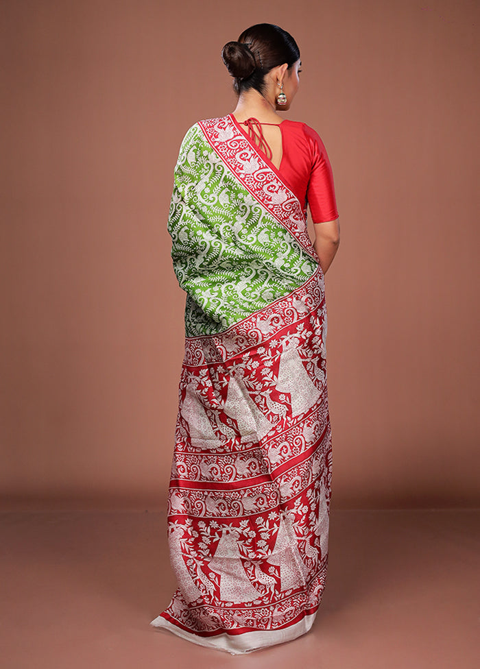 Green Printed Pure Silk Saree Without Blouse Piece