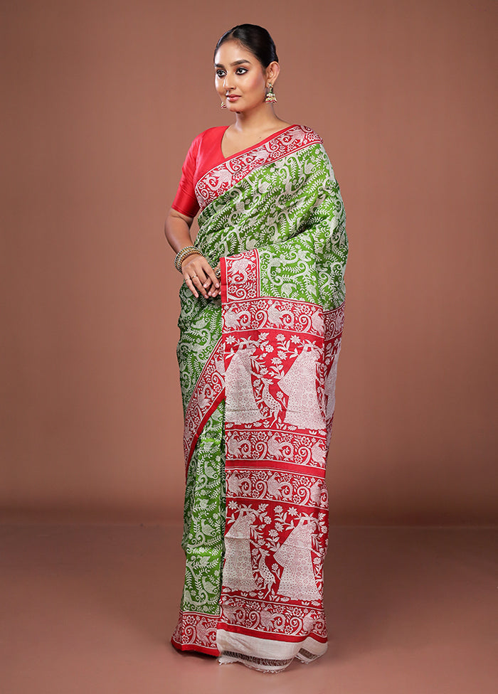 Green Printed Pure Silk Saree Without Blouse Piece