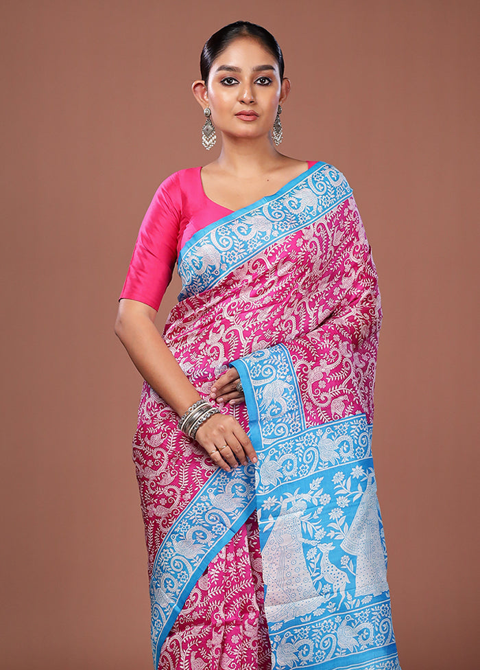 Pink Printed Pure Silk Saree Without Blouse Piece