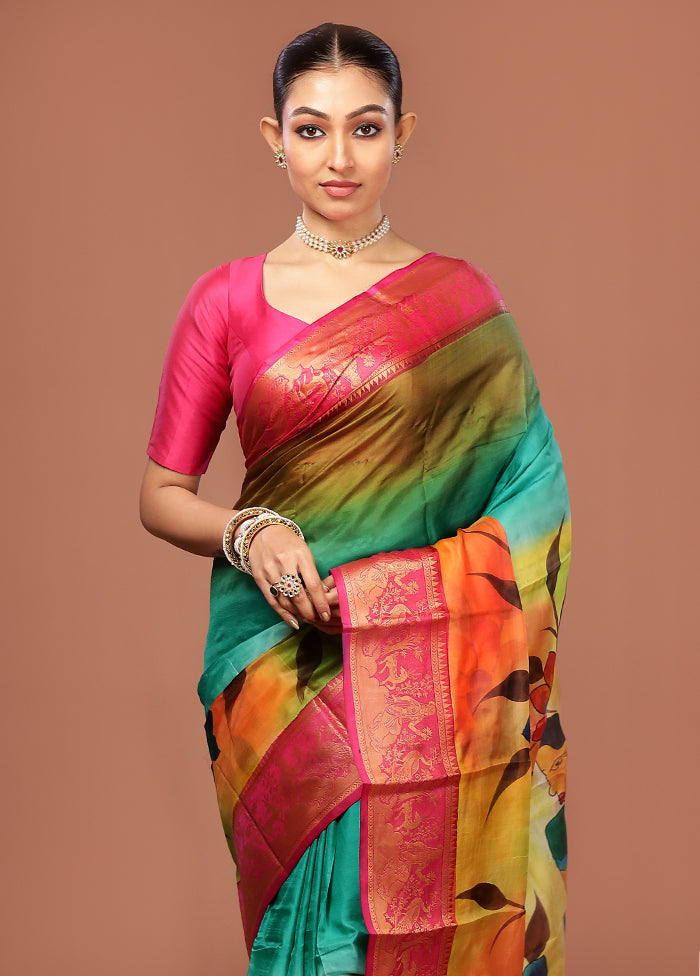 Multicolor Printed Pure Silk Saree Without Blouse Piece
