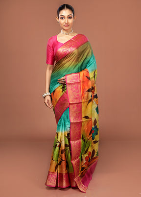 Multicolor Printed Pure Silk Saree Without Blouse Piece