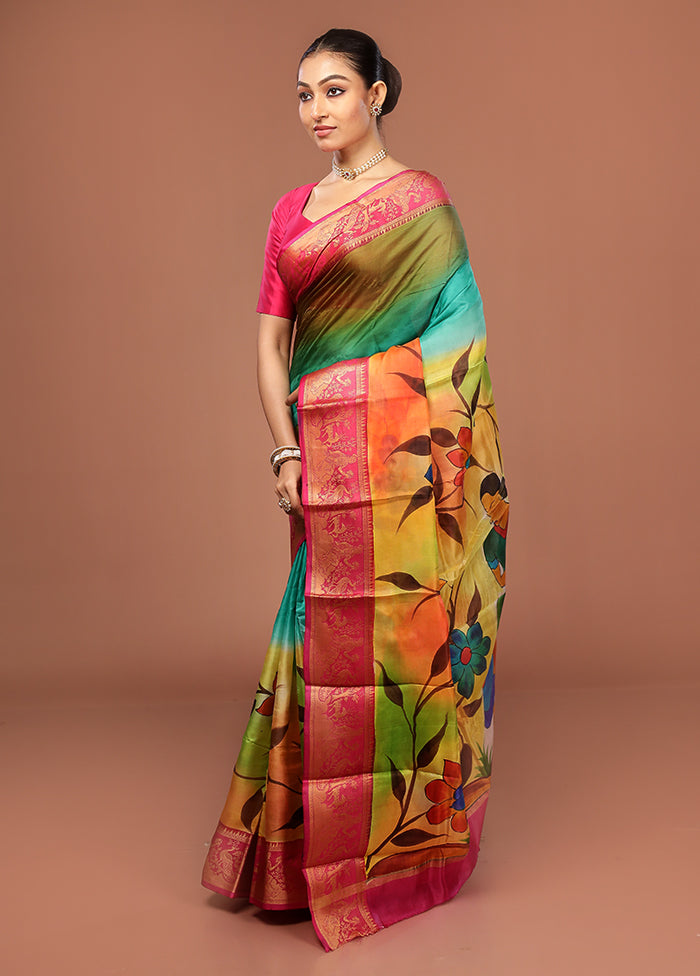 Multicolor Printed Pure Silk Saree Without Blouse Piece