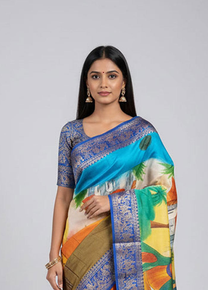 Multicolor Printed Pure Silk Saree Without Blouse Piece