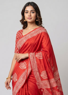 Red Printed Silk Saree Without Blouse Piece