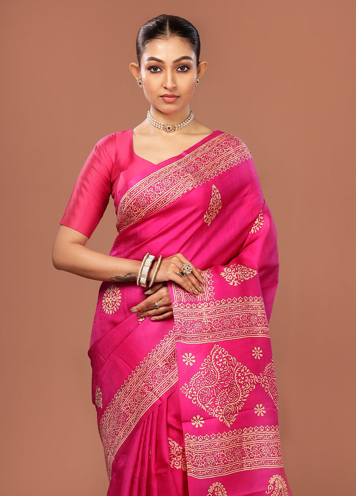 Pink Printed Pure Silk Saree Without Blouse Piece