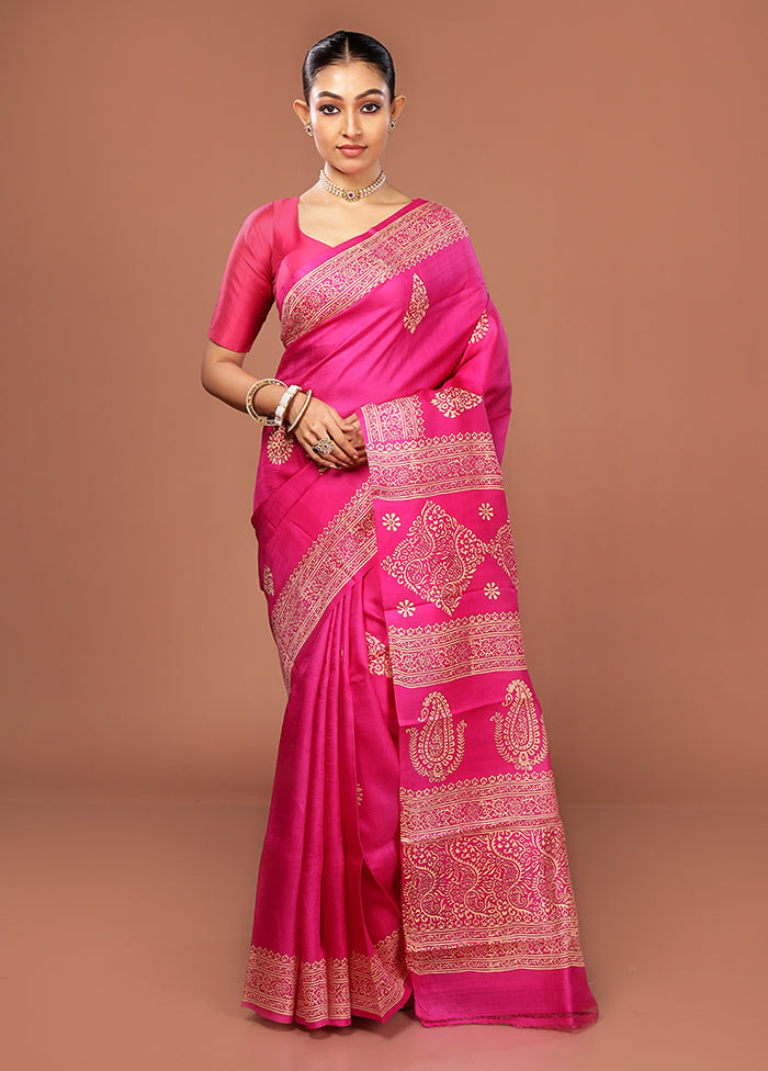 Pink Printed Pure Silk Saree Without Blouse Piece