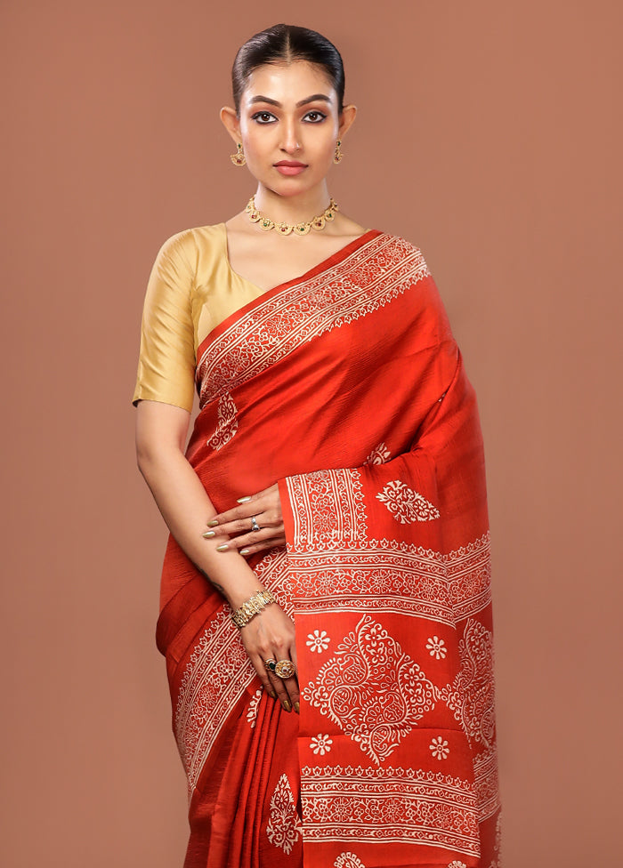 Rust Printed Pure Silk Saree Without Blouse Piece