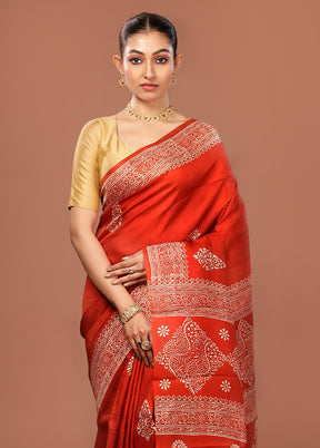 Rust Printed Pure Silk Saree Without Blouse Piece