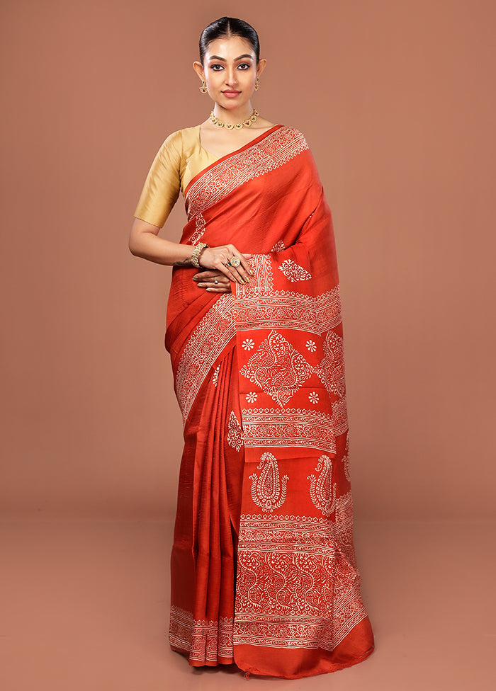 Rust Printed Pure Silk Saree Without Blouse Piece