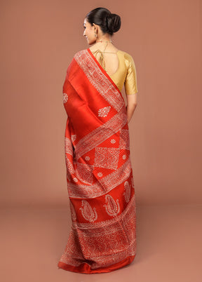 Rust Printed Pure Silk Saree Without Blouse Piece