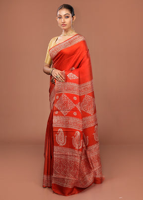 Rust Printed Pure Silk Saree Without Blouse Piece