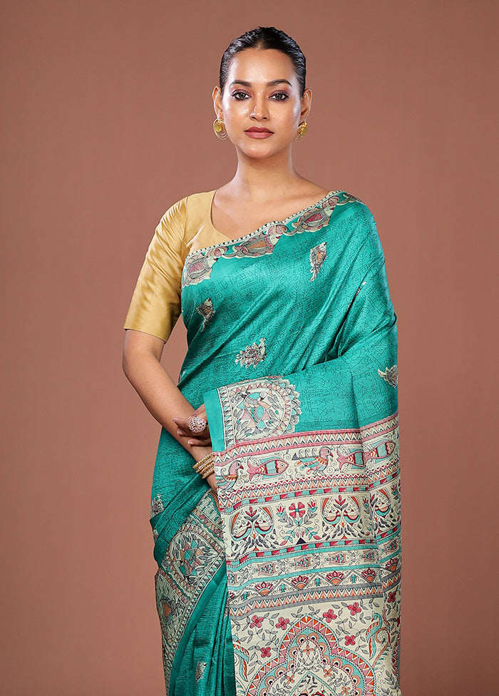 Green Printed Pure Silk Saree Without Blouse Piece