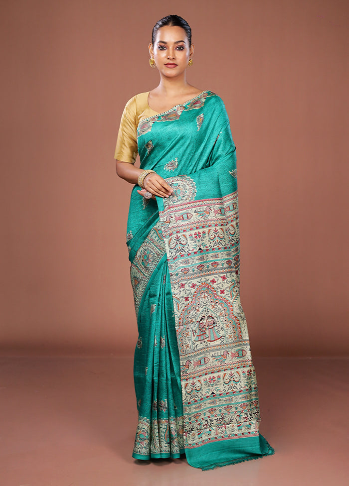 Green Printed Pure Silk Saree Without Blouse Piece