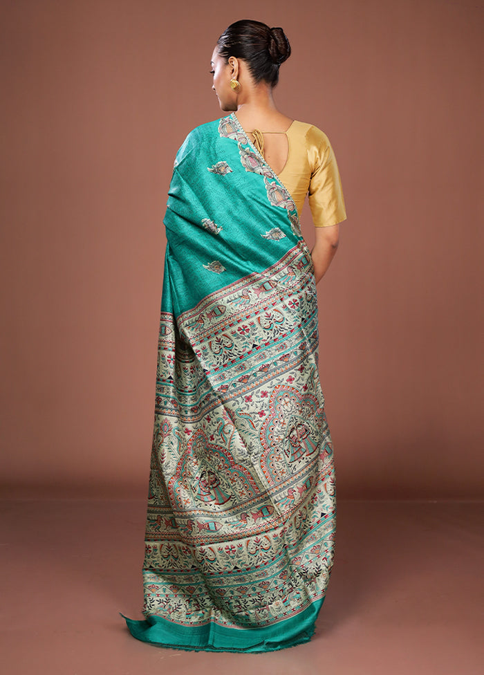 Green Printed Pure Silk Saree Without Blouse Piece